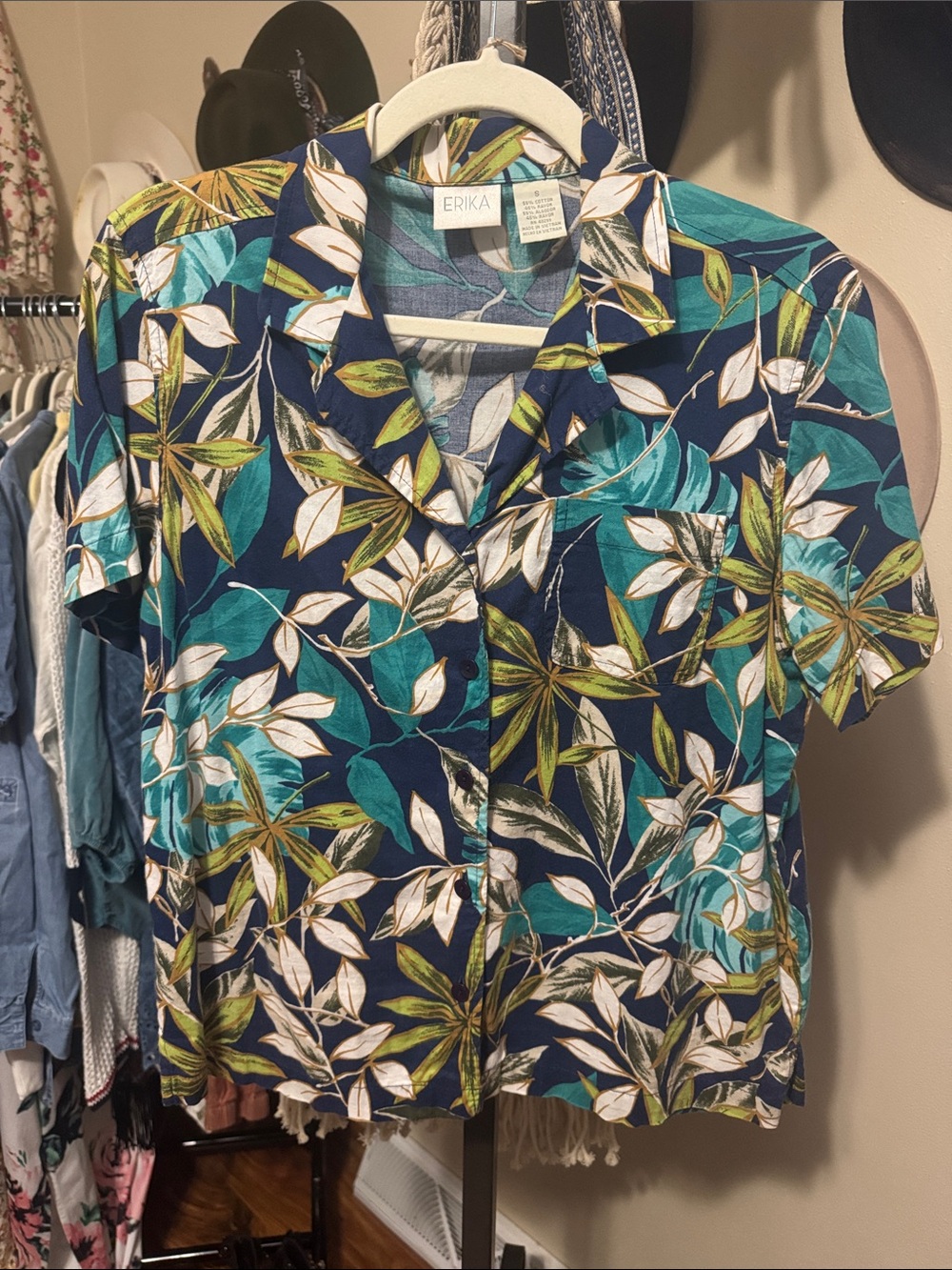 Erika Navy Teal White Olive Tropical Leaf Button-Front Blouse